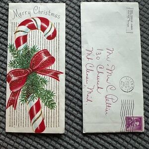 1961 w/postsge Vintage Candy Cane Christmas Card & Envelope